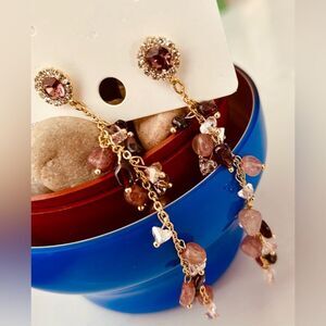 Elegant Gold & Pink Beaded Rhinestone studded Dangle Drop Fashion Earrings 3"